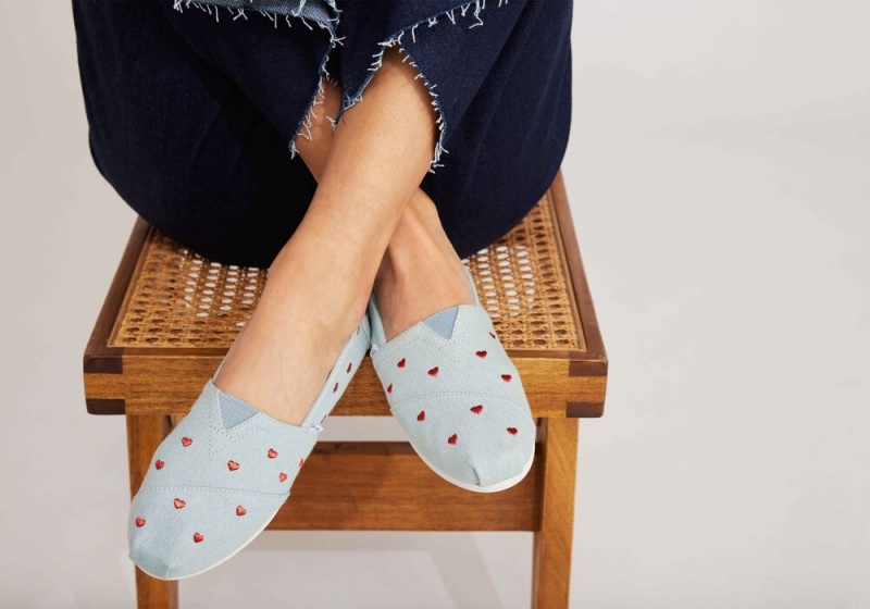 Toms Denim Embroidered Hearts Blau | 1437OSLQM